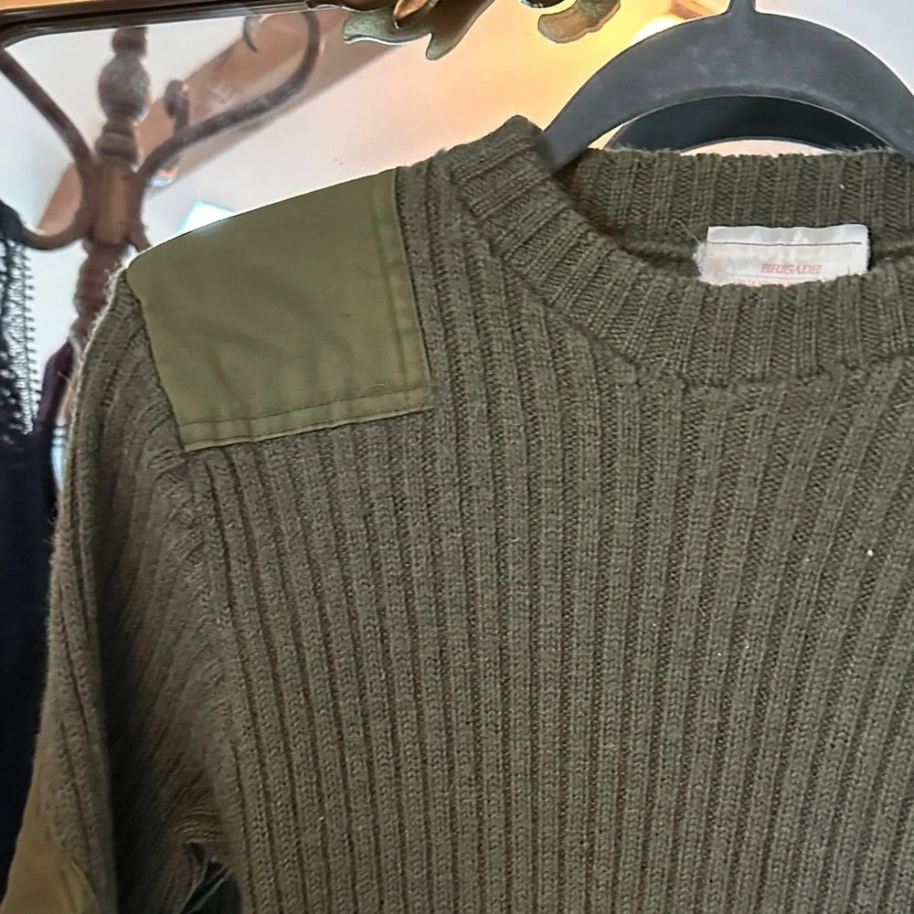 Olive Crewneck Sweater with Shoulder Patches (unisex)